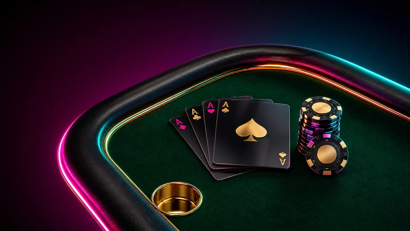 Dark casino table with emerald felt, glossy cards and chips under magenta and cyan neon light