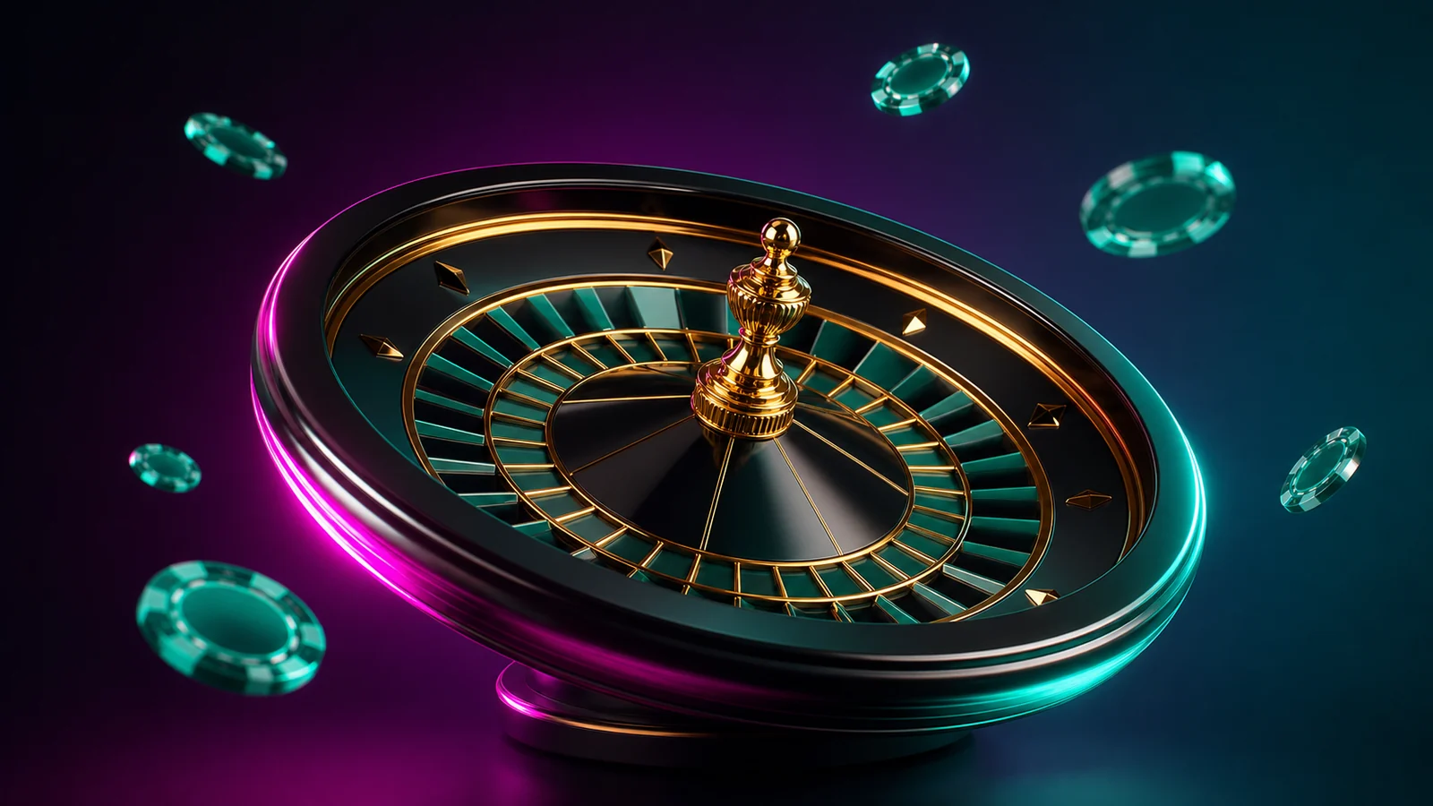 Glossy black and emerald roulette wheel under magenta and cyan neon rim light on a dark background