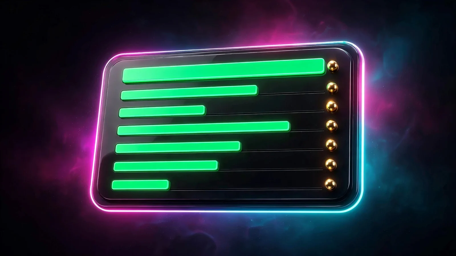 Dark glossy scorecard panel with glowing emerald bars and gold accents on a deep gradient background