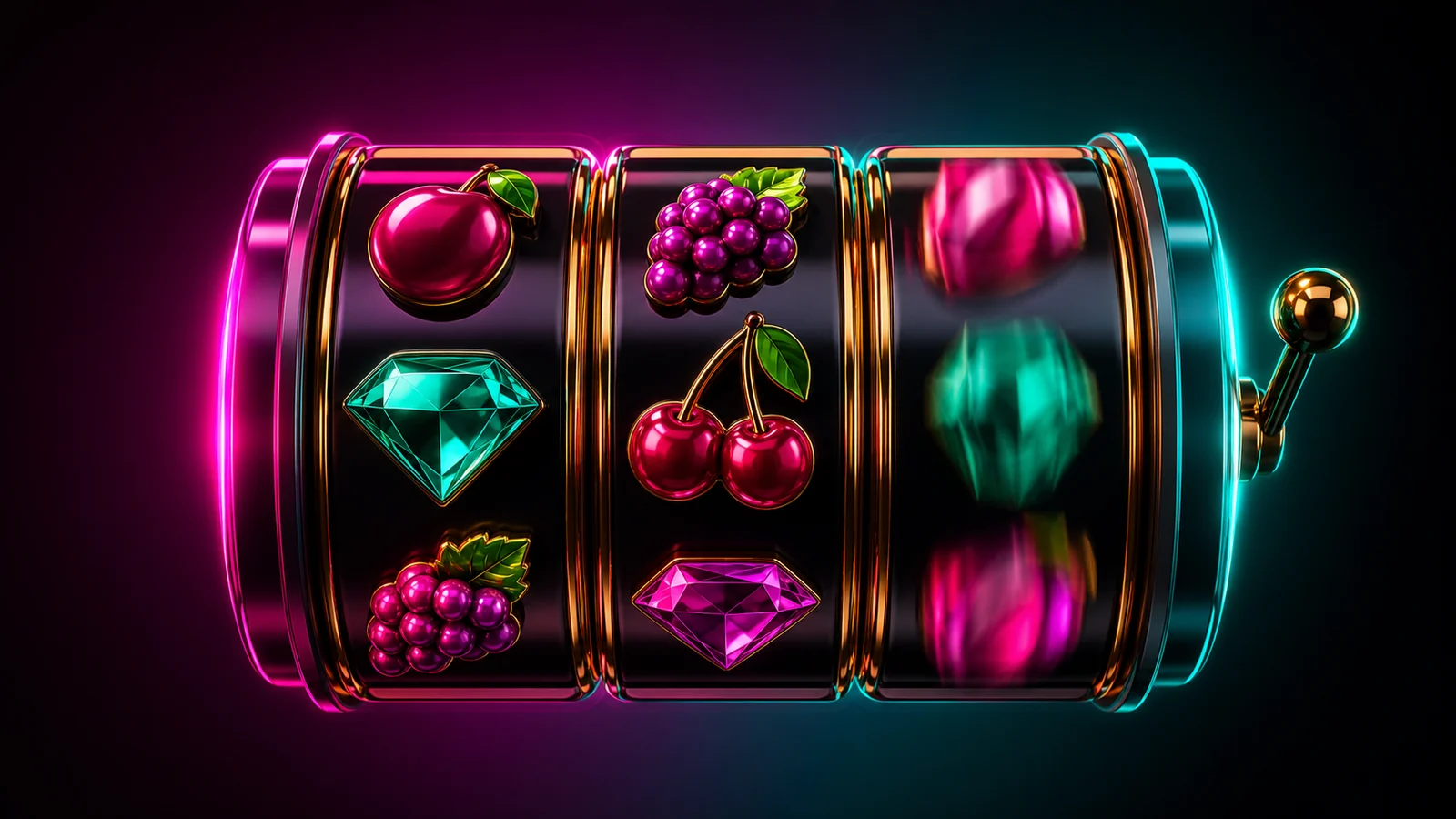 Extreme close-up of glossy slot machine reels with saturated magenta and emerald symbols under neon light