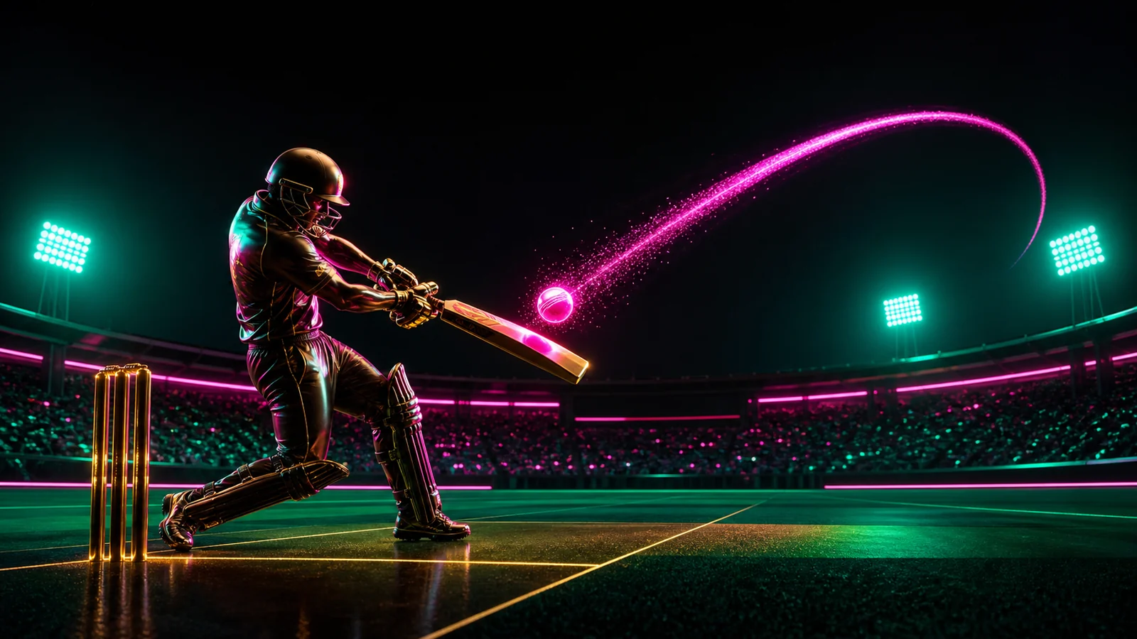 Night stadium under emerald floodlights with a glowing magenta ball trajectory arcing across a dark sky